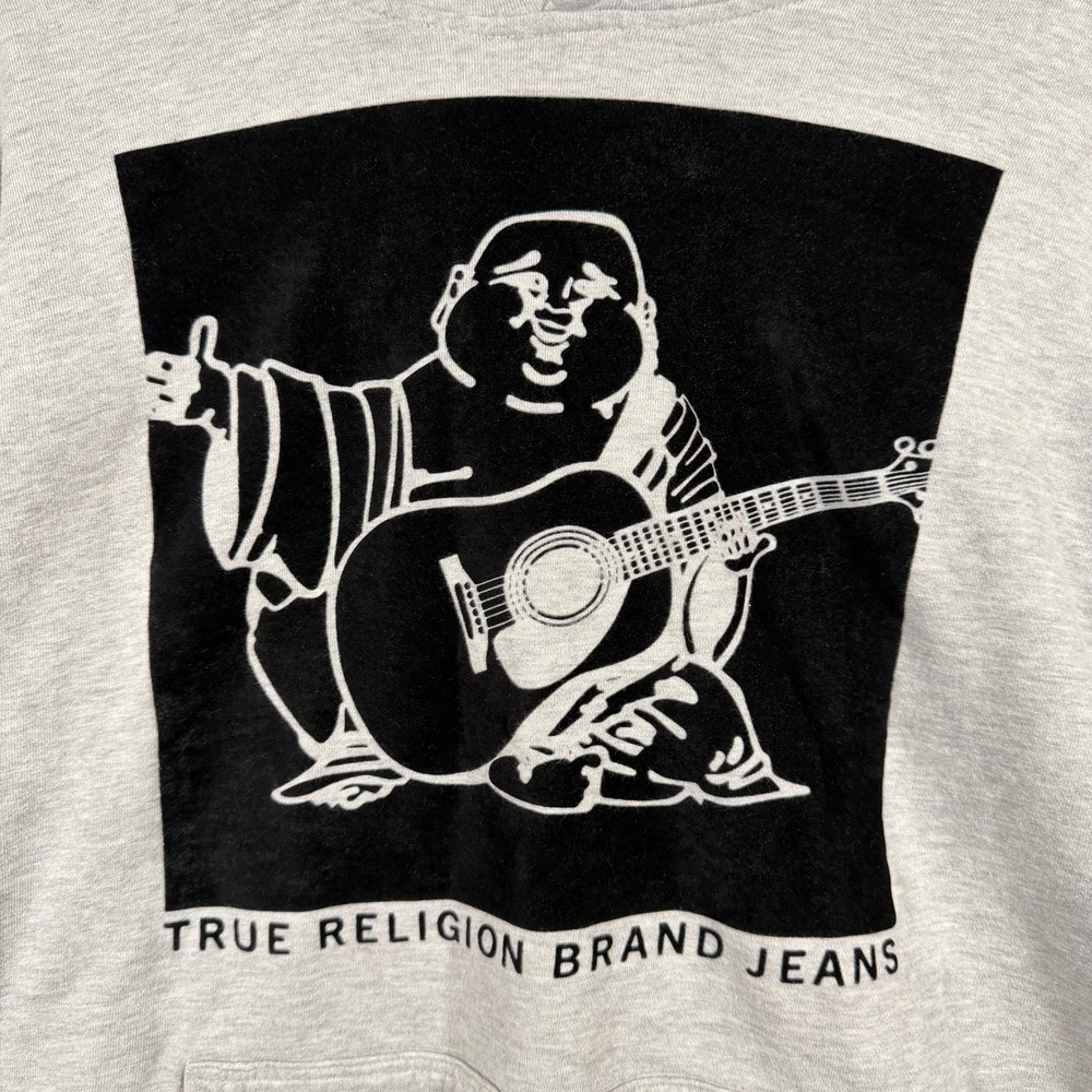 True Religion Hoodie XL Grey Buddha Guitar Graphic Pullover Streetwear Pocket